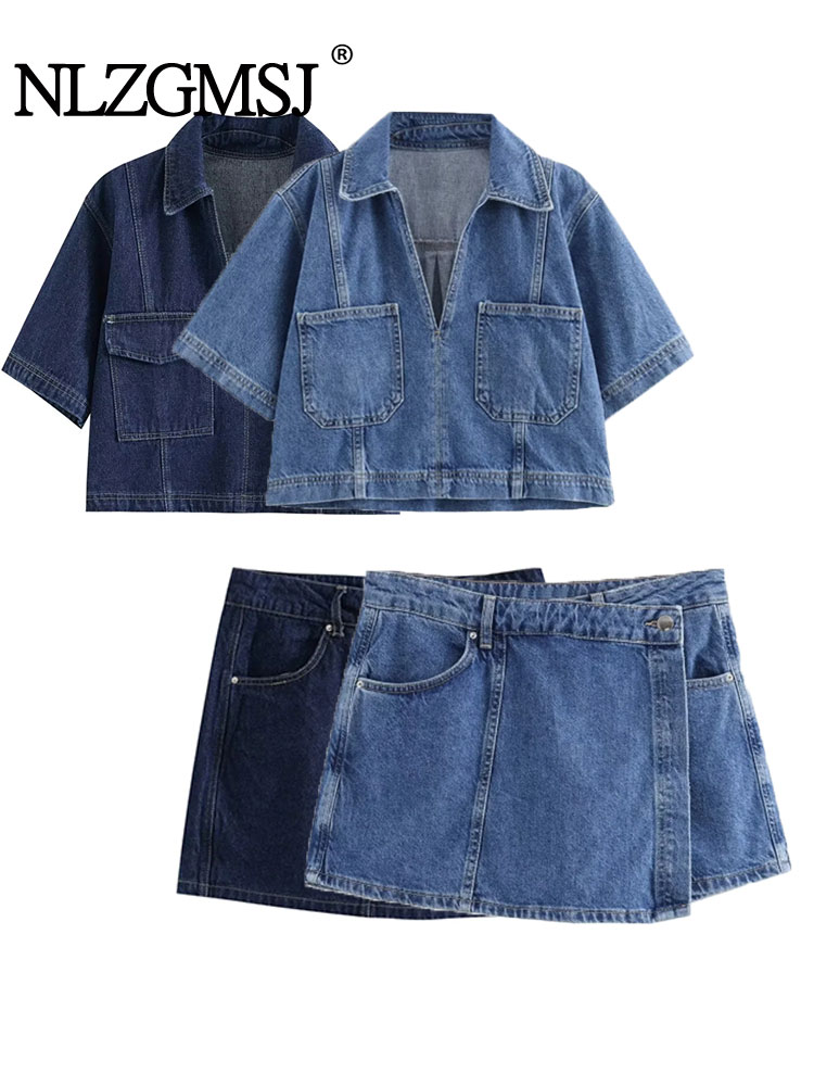 Sommer denim todelt sæt korte ærmer lommer dame top mini nederdel shorts afslappet dame 2 sæt  y2k