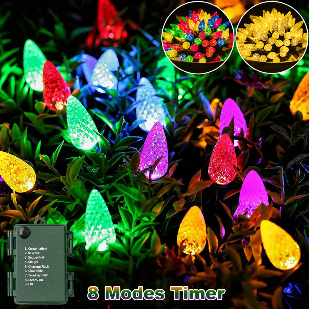 5M 50led C6 Bollen String Lights Batterij Aangedreven Aardbei Kerst Fee Slinger Licht Xmas Boom Nieuwjaar Decor 8 Modi Timer