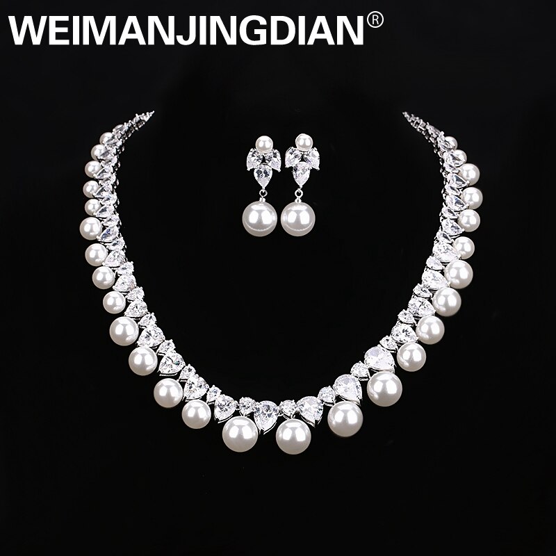 Original weimanjingdian zircônia cúbica e concha pérola colar e brinco conjunto de casamento nupcial da dama de honra jóias