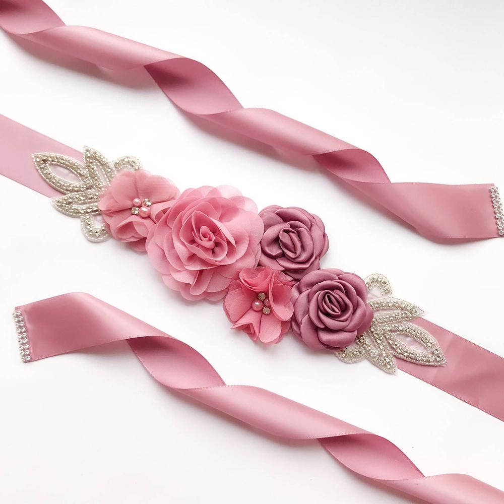MOLANS, perlas, vestido, cinturones, flores de Gasa sólido, faja nupcial, cinta hecha a mano con diamantes de imitación, banda para la cintura, accesorios de boda para novia: Rose Red