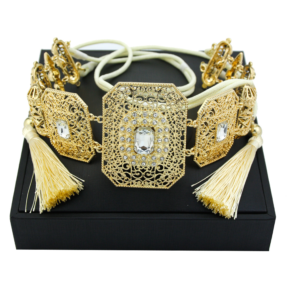 Sunspicems-Ceinture à cordes à main marocaines pour femmes, ceinture à glands caftan, métal arabe creux, bijoux tissés JOBride, document doré