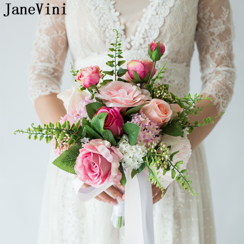 JaneVini Romantische Roze Bruidsboeket Bruids Bloemen Kunstzijde Rozen Land Stijl Bruiden Nep Boeket Ramo De Novia