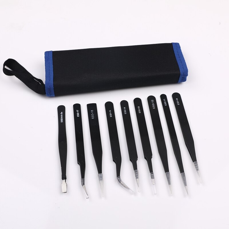 9 pçs esd pinças kit ferramentas precisão antiestático ponta curvada em linha reta pinças de aço inoxidável nipper ferramenta de reparo novo
