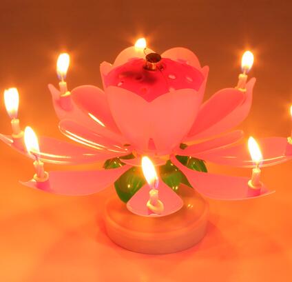 Innovative Cake Topper Musical Blooming Lotus Flower Double-deck Rotating Happy Birthday Candle Light Party DIY Cake Decoration: Pink