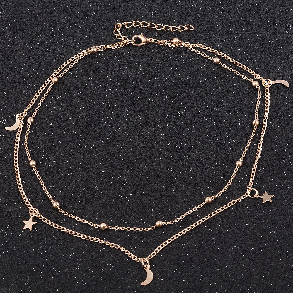 Elegante Frauen Dame Charme gold Mond Stern Runde Anhänger Doppel Schicht Kette Halsband Halskette Partei Schmuck Luxuriöse Weihnachten