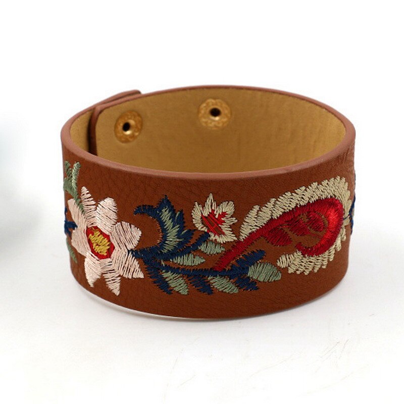 Rainbery Bohème Broderie Fleur Bracelet Manchette Féminine Large PU Cuir Bracelets & Bracelets Femmes Bijoux JB0470: brown