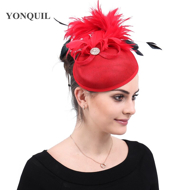 Imitation sinamay wedding bride hat red fascinators for women party dinner headpiece with hair aclip bridal headwear