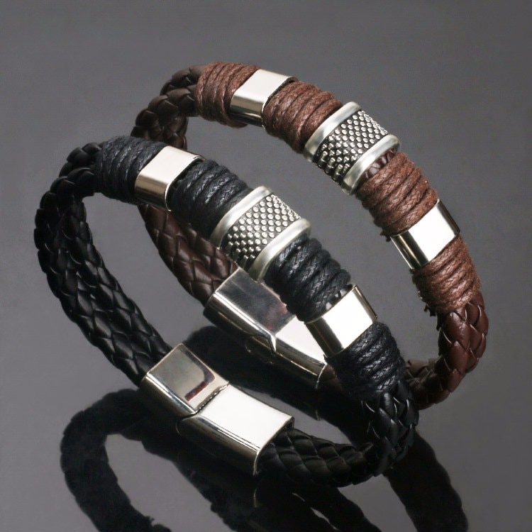 Black Men PU Leather 1PC Punk Boys Unique Zinc Alloy Weave Knit Brown charm Bracelet