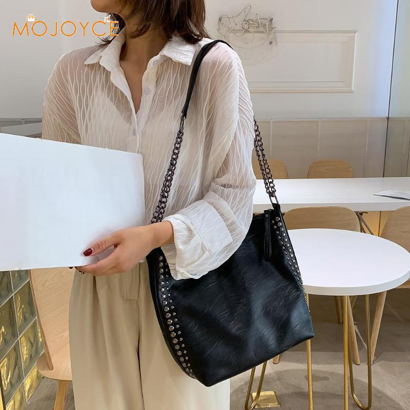 Retro Large Capacity Tote Bag Women Chain Rivet Shoulder Bags Women Leather Crossbody Bag Solid Color Bag Bead