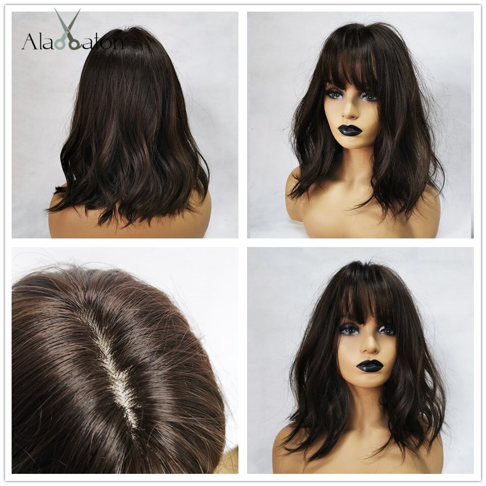 ALAN EATON Short Straight Ombre Black Brown Synthetic Wigs with Bangs for Women Bob Wig Heat Resistant Lolita Cosplay wig 12inc: lc210-4n