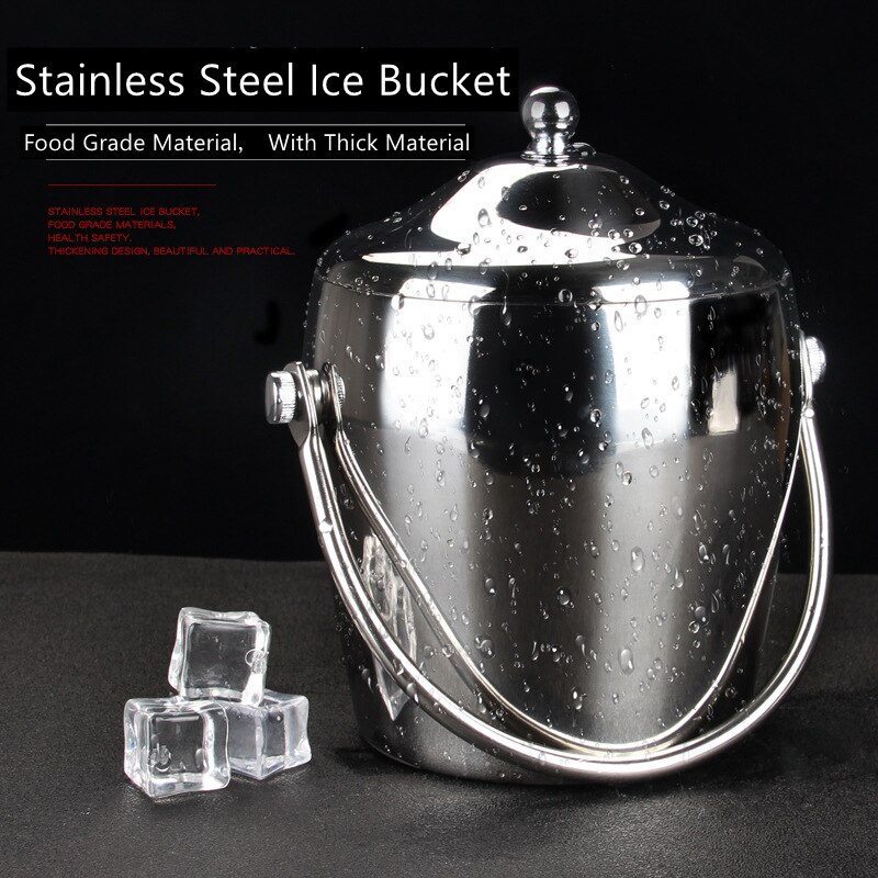 Double Layer Stainless Steel Handle Ice Bucket Double Insulation Belt Cover Ice Bucket Bar Stainless Steel Ice Grain Barrel