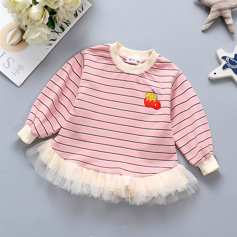 Meisjes Trui Voor 6 Maanden-3 Jaar Oud Prinses Kinderen Lange Mouwen Gestreept O-hals Cherry Borduurwerk Zoete mesh Zoom Top
