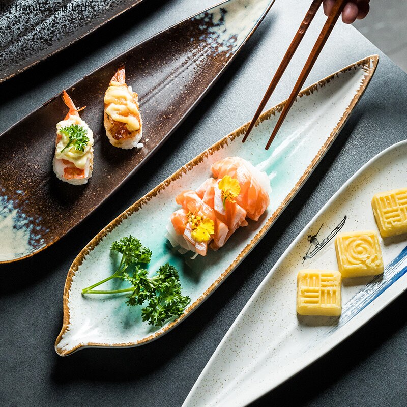 12- tommer japansk stil lang bladplade bladformet keramisk plade sushi dim sum retter restaurant fad flad plade