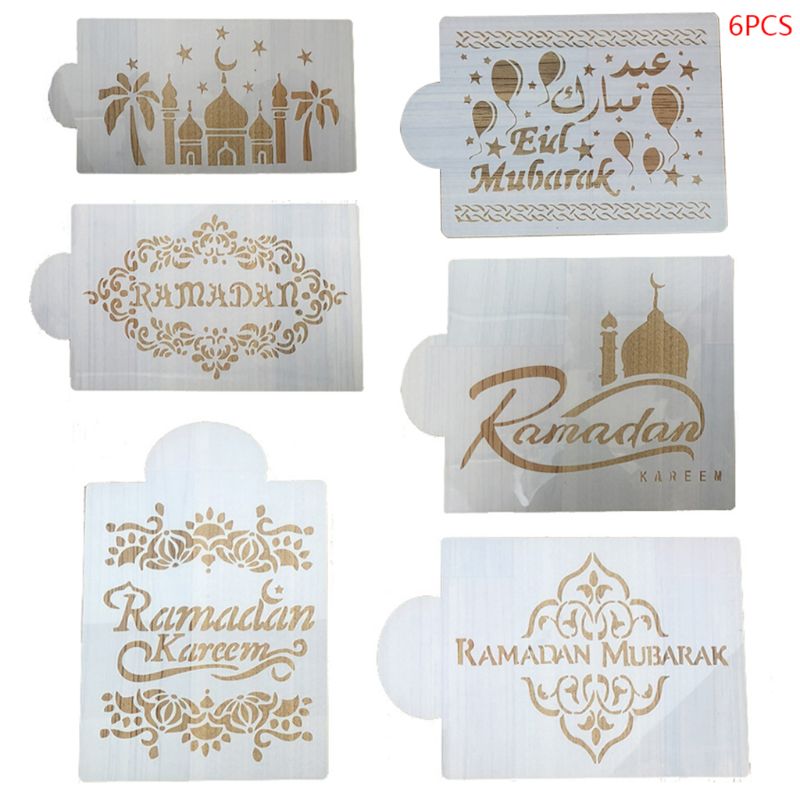 6 stks/set Moslim Eid Mubarak Festivals Decoratie Koffie Bloem Spray Stencils Cake Decorating DIY Template Meerdere Patronen