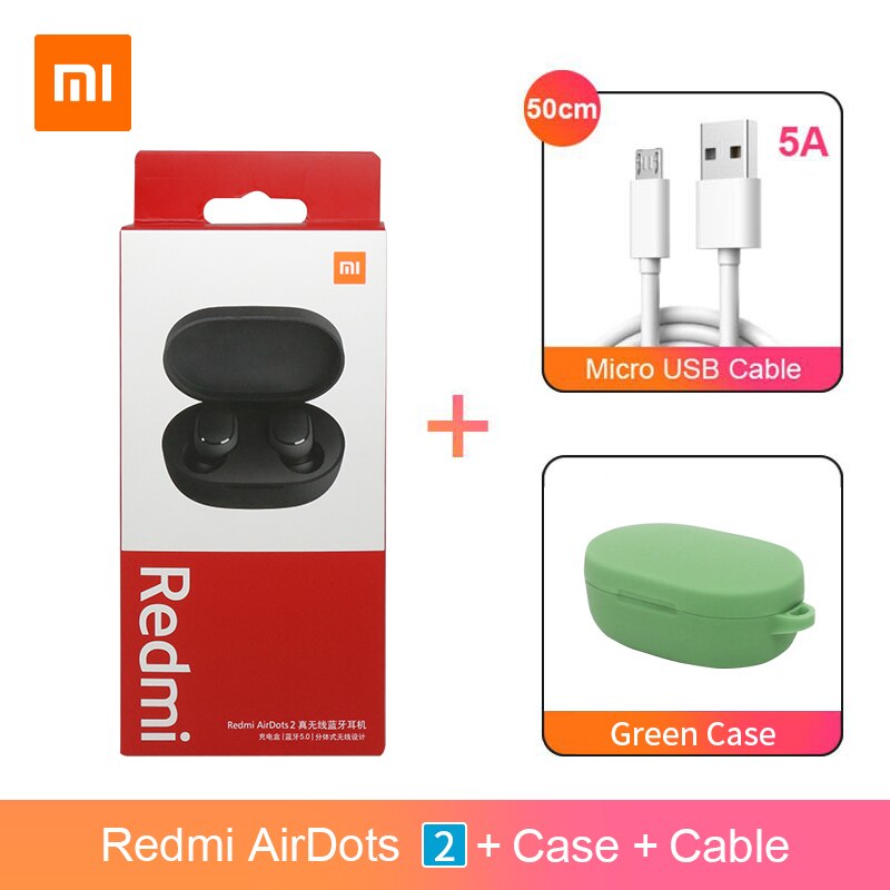 Xiaomi Redmi Airdots 2 Airdots S TWS Bluetooth 5.0 Earphone Stereo bass With Mic Handsfree Earbuds AI Control: Cable and Green Case