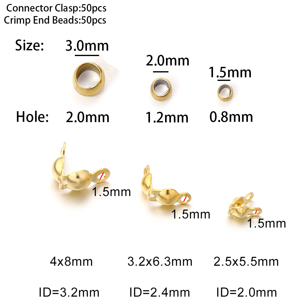 Fermoir de connecteur plaqué or en acier inoxydable, 50 pièces/lot, perles à sertir pour Bracelet, collier, chaînes, fournitures de fabrication de bijoux à faire soi-même