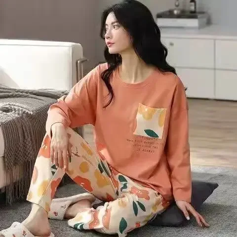 Kvinders pyjamas forår og efterår langærmet efterår og vinter hjemmetøj plus size enkelt løstsiddende jakkesæt overtøj