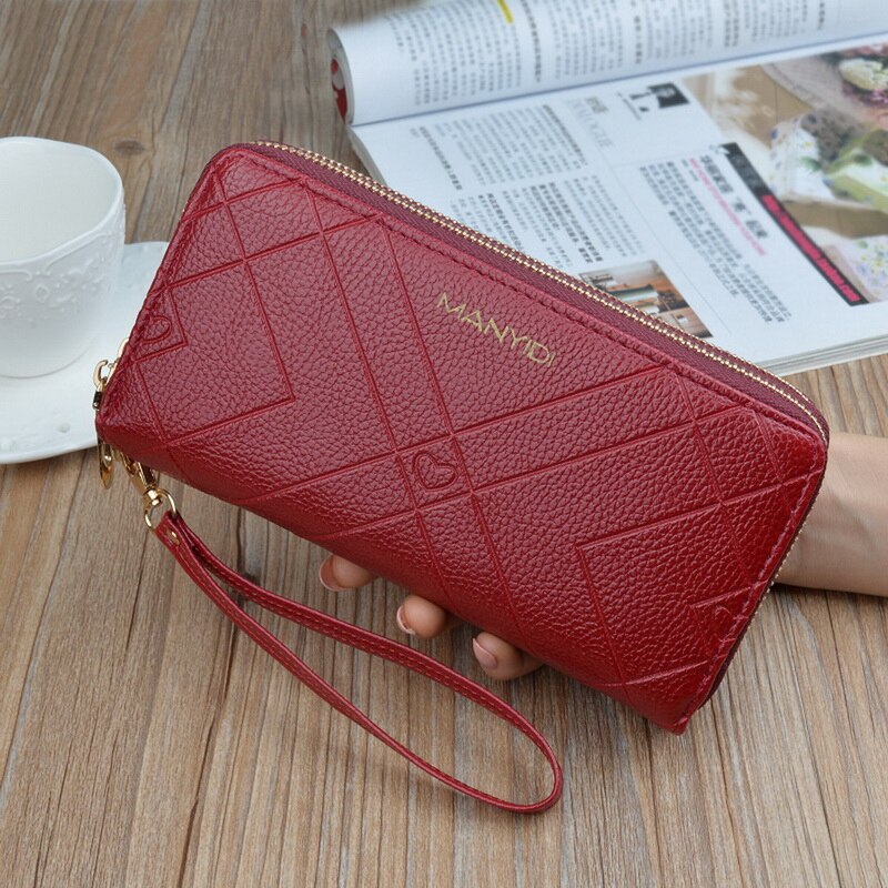 Femmes grande capacité portefeuille en cuir pochette Double fermetures à glissière bracelet porte-cartes de sac à main téléphone poche longue sac à main dames Carteras: 5