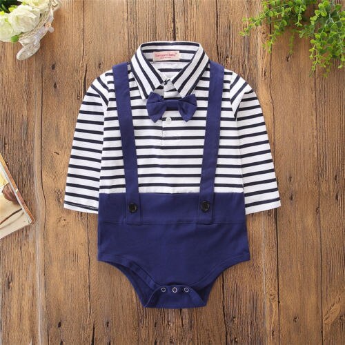 Newborn Baby Girl Boy Romper Jumpsuit Twins long sleeve bodysuit set Clothes Navy Stripe bowknot Outfits vestido bodysuit: Boys Romper / 24M