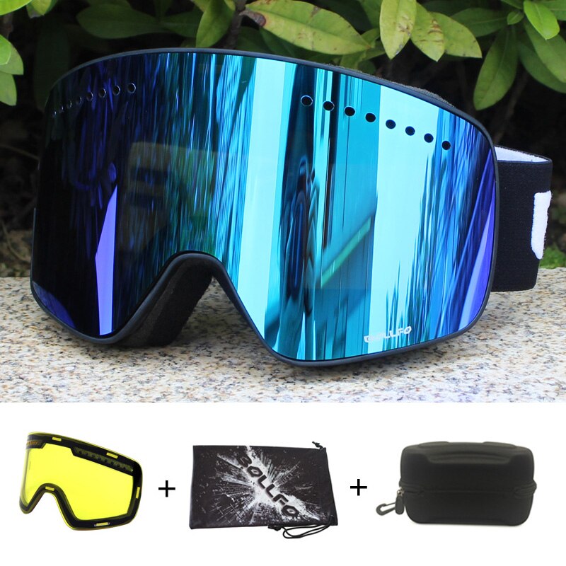 Magnetisk dobbeltlags linse skibriller masker antidugg  uv400 snowboardbriller skibriller briller for menn kvinner med etui: Sort blå 2 linse