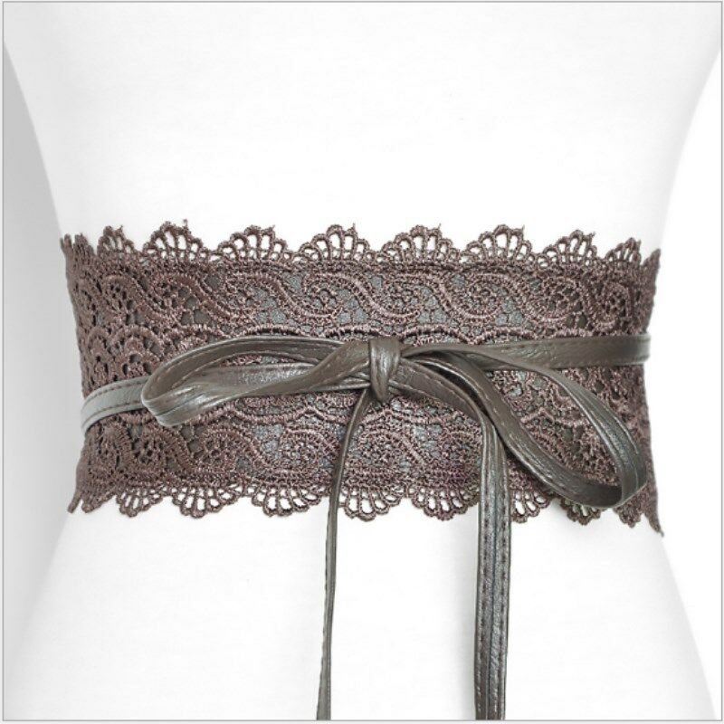 Women Lady Stretch Buckle Waist Belt Wide Lace Elastic Waistband Wide Corset Lace Belt Female Wedding Dress Waist Band: Coffee