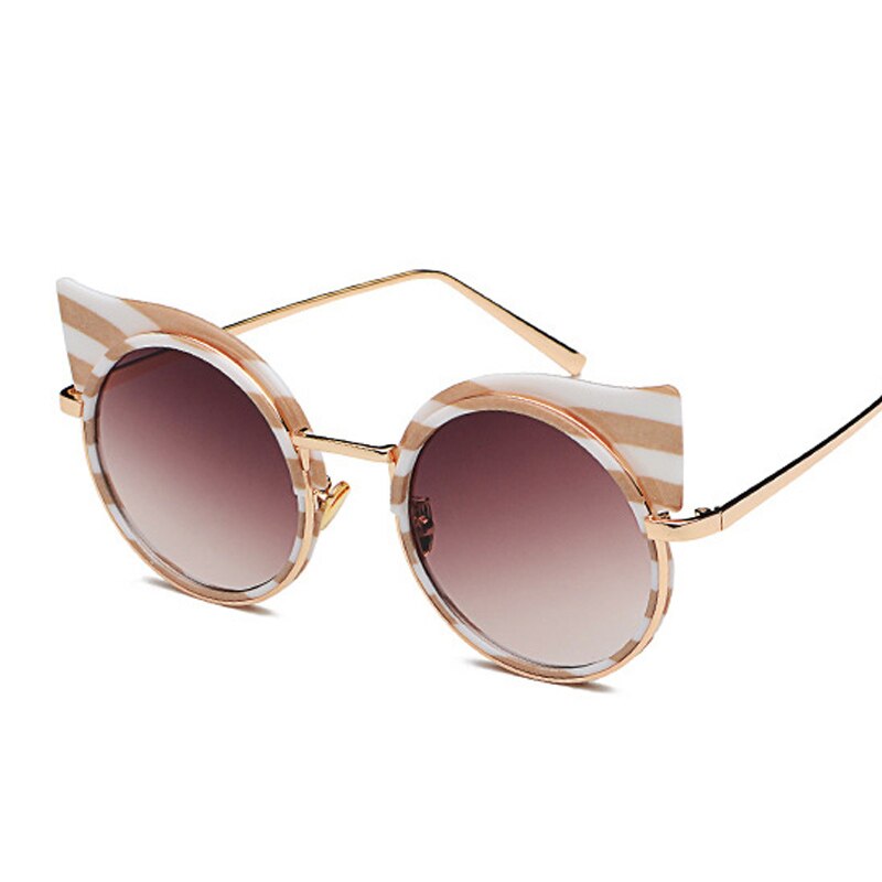 Emosnia Stripe Cat eye Sunglass Round Brands Sunglasses Women Zebra Metal Frame Vintage Oculos De Sol