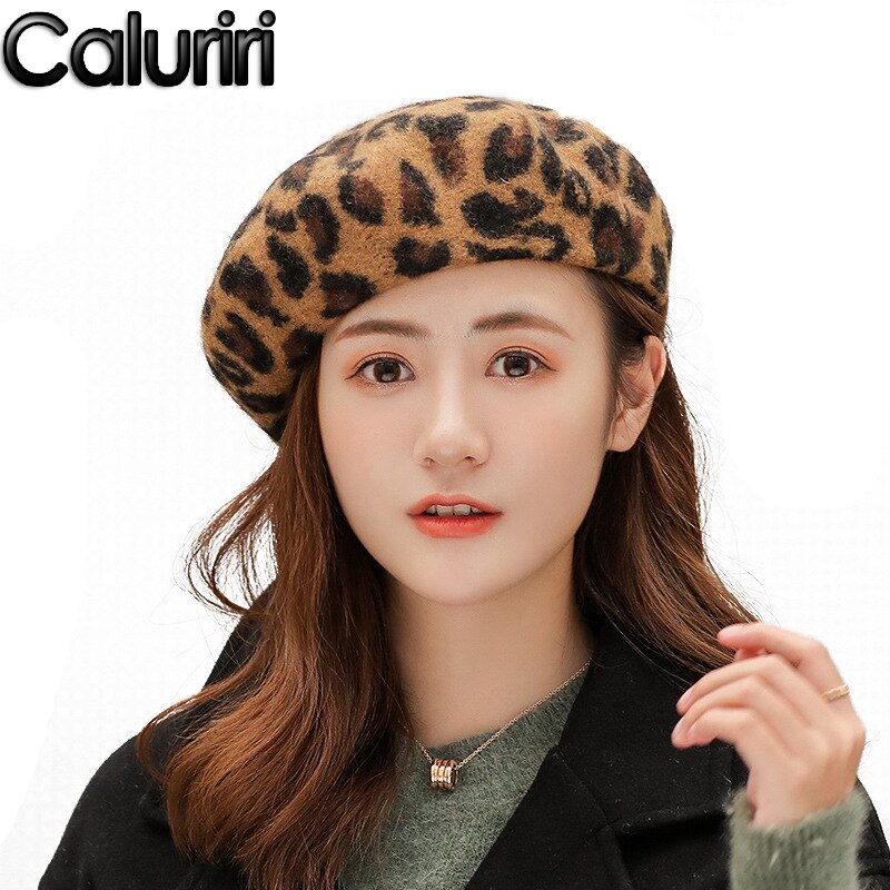 Caluriri Leopard Pattern Warm Wool Winter Thick Wool Women Girl Beret French Artist Beanie Hat Cap For Female