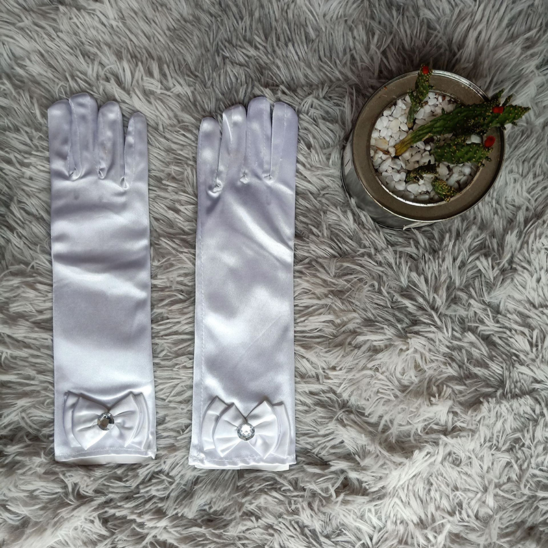 Guantes largos de baile de princesa para niños, vestido de novia de satén para niñas, accesorios de disfraz con lazo, de cumpleaños y Navidad: Blanco