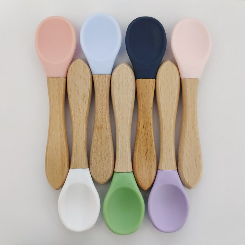 Baby Lepel Snoep Kleur Veiligheid Baby Leren Houten Lepel Antislip Zachte Siliconen Lepel Kinderen Kids Jongen Meisje Voedsel voeden Gereedschap