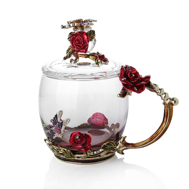 Emalje kaffe te kopp krus 3d rose sommerfugl glass kopper bryllup nyhet utskåret kopp med skje bdf 99