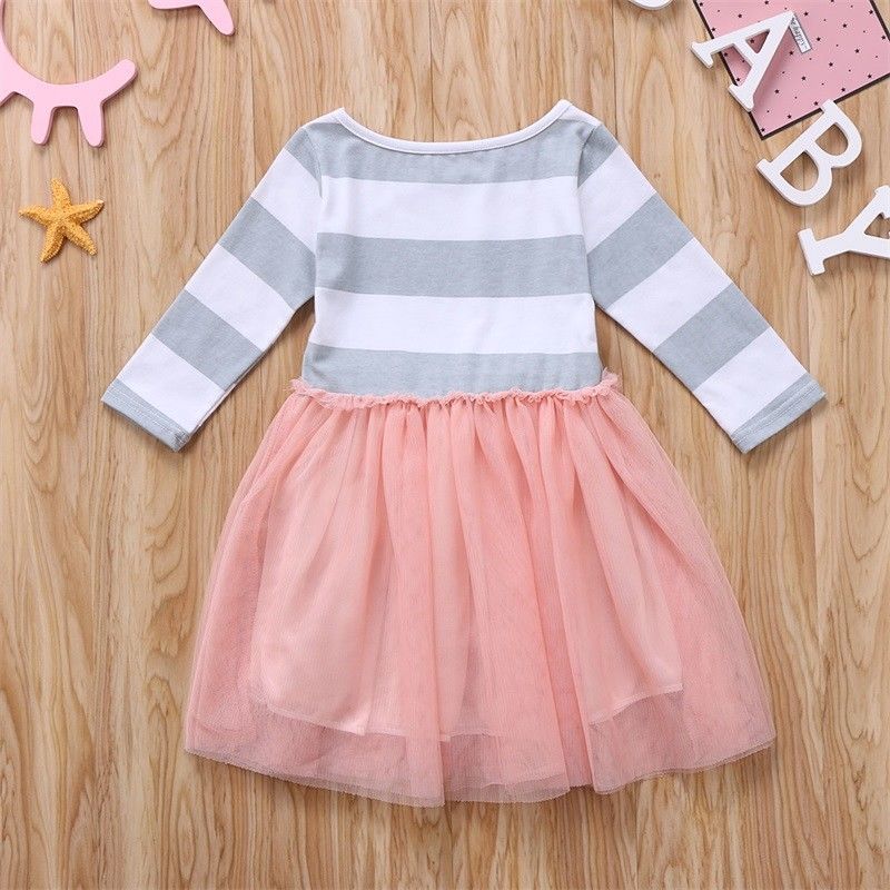 Little Girls Spring TuTu Dress Long Sleeve Striped Waist Ruffle Round Neck Dress Loose Mesh Multi-Layer Princess Dress