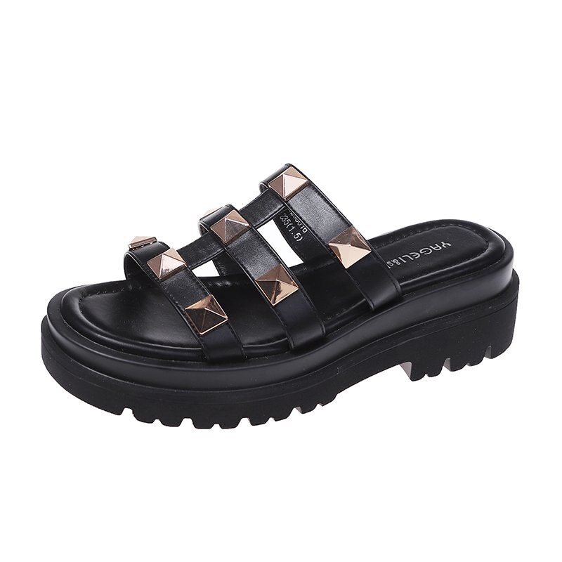 Feminine Slipper Pop Rivet Slipper Muffin Comfortable Platform Medium Heel Open-toe Slipper for Leisure Outdoor Beach: Black / 34