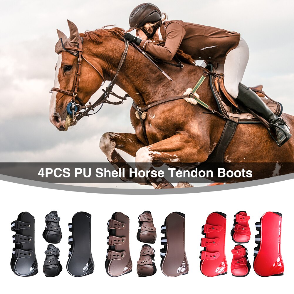 Accesorios de protección de piernas ecuestres, 4 Uds., botas para tendón de caballo de salto con absorción de impacto duradera, parte trasera delantera de PU