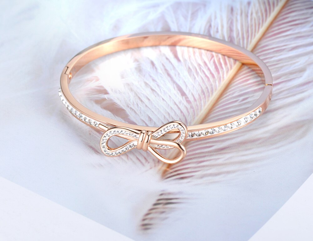 Lokaer Trendy Bowknot Mosaic Rhinestone Bangles & Bracelet Jewelry Rose Gold Color Stainless Steel Wedding Bangle B19093