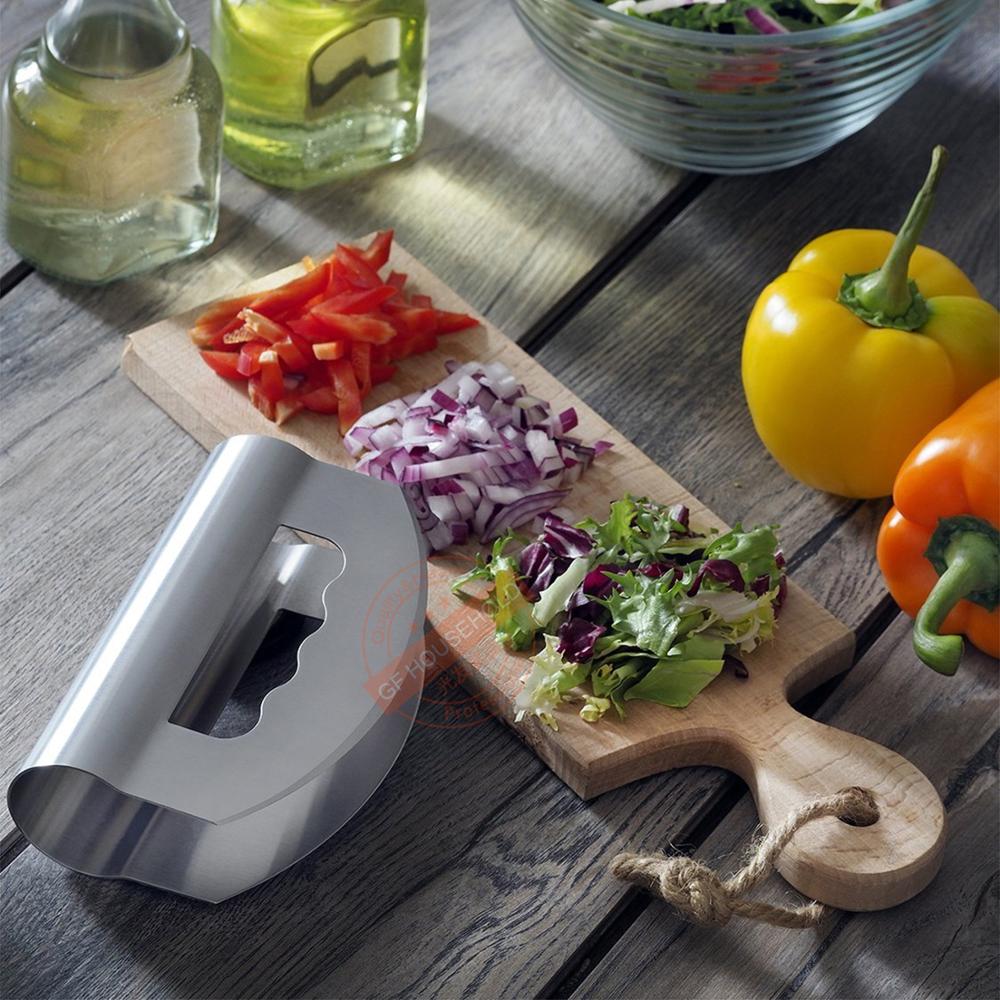 Mezzaluna chopper, salat chopper kniv med doble blad beskyttende deksler - rustfritt stål mezzaluna kniv, salat chopper