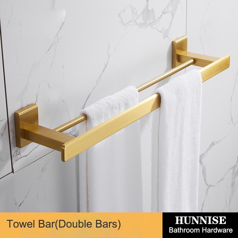 Bathroom Hardware Set Square Brushed Gold Bath Hardware Set Stainless Steel Towel Rack Paper Holder Gold Hardware Sets: double-towel-bar-50c