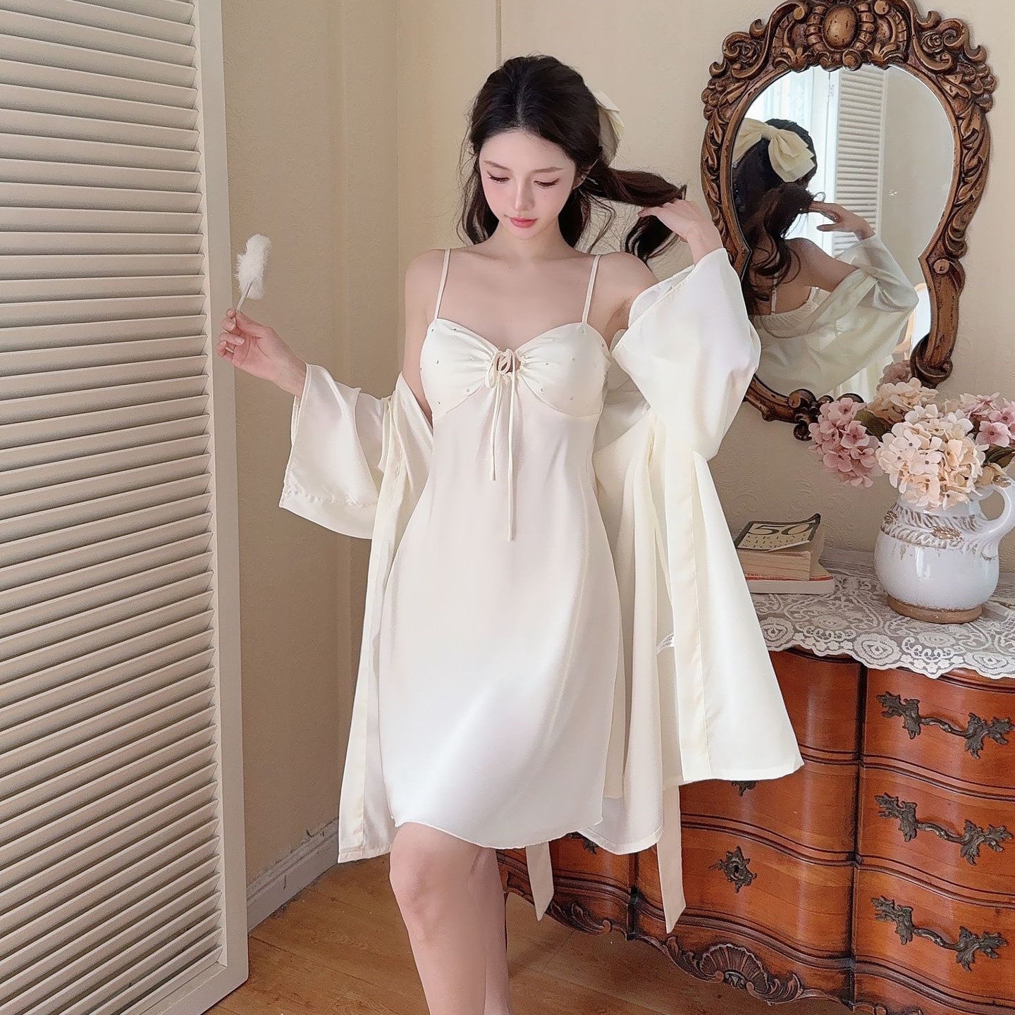 Twinset morgenkåpe dame sateng nattkjole kimono badekåpe kjolesett sommer sexy loungewear v-hals nattøy: L / beige