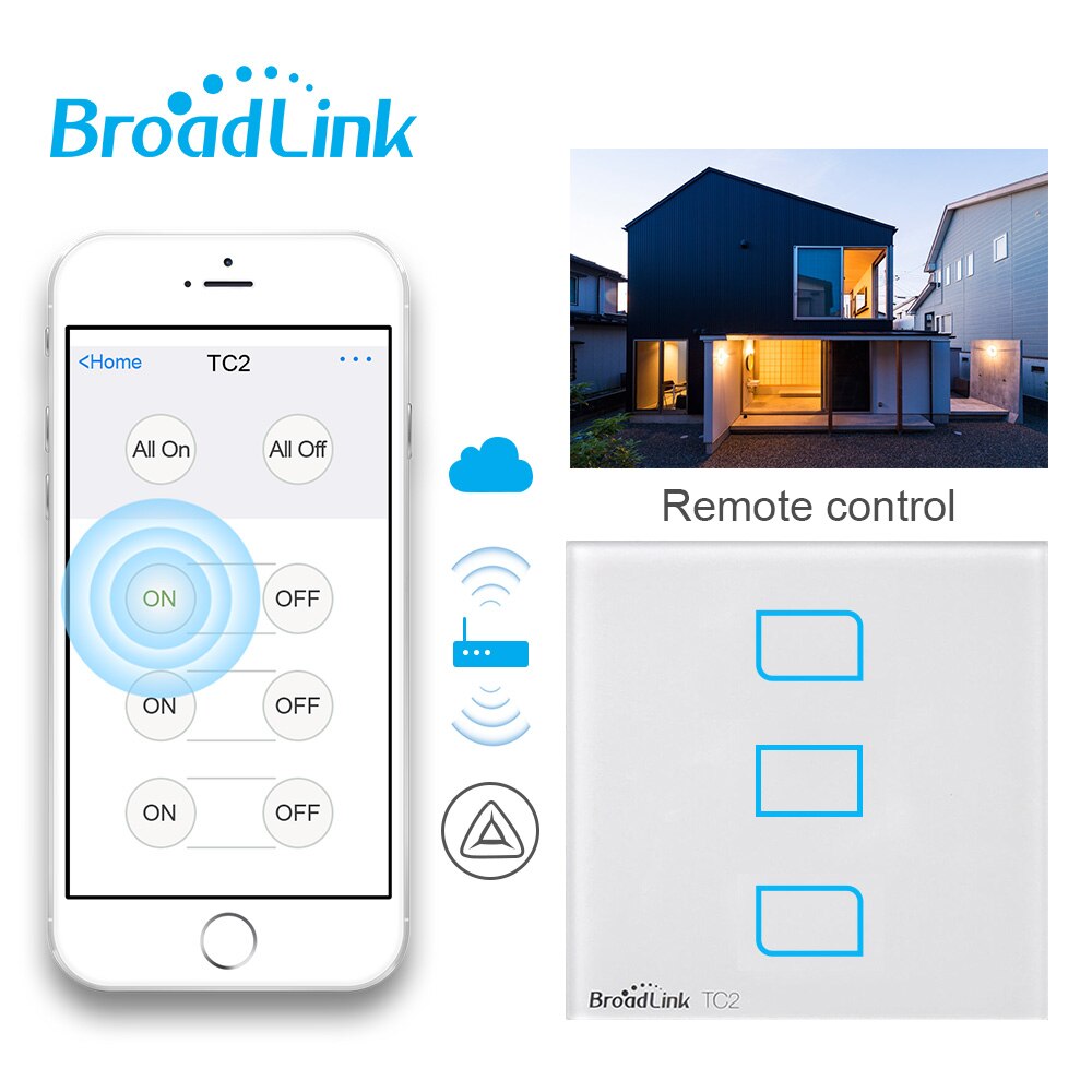 Broadlink interruptor de luz padrão tc2 1/2020, painel branco de design moderno, controle inteligente via rm pro rm4 pro
