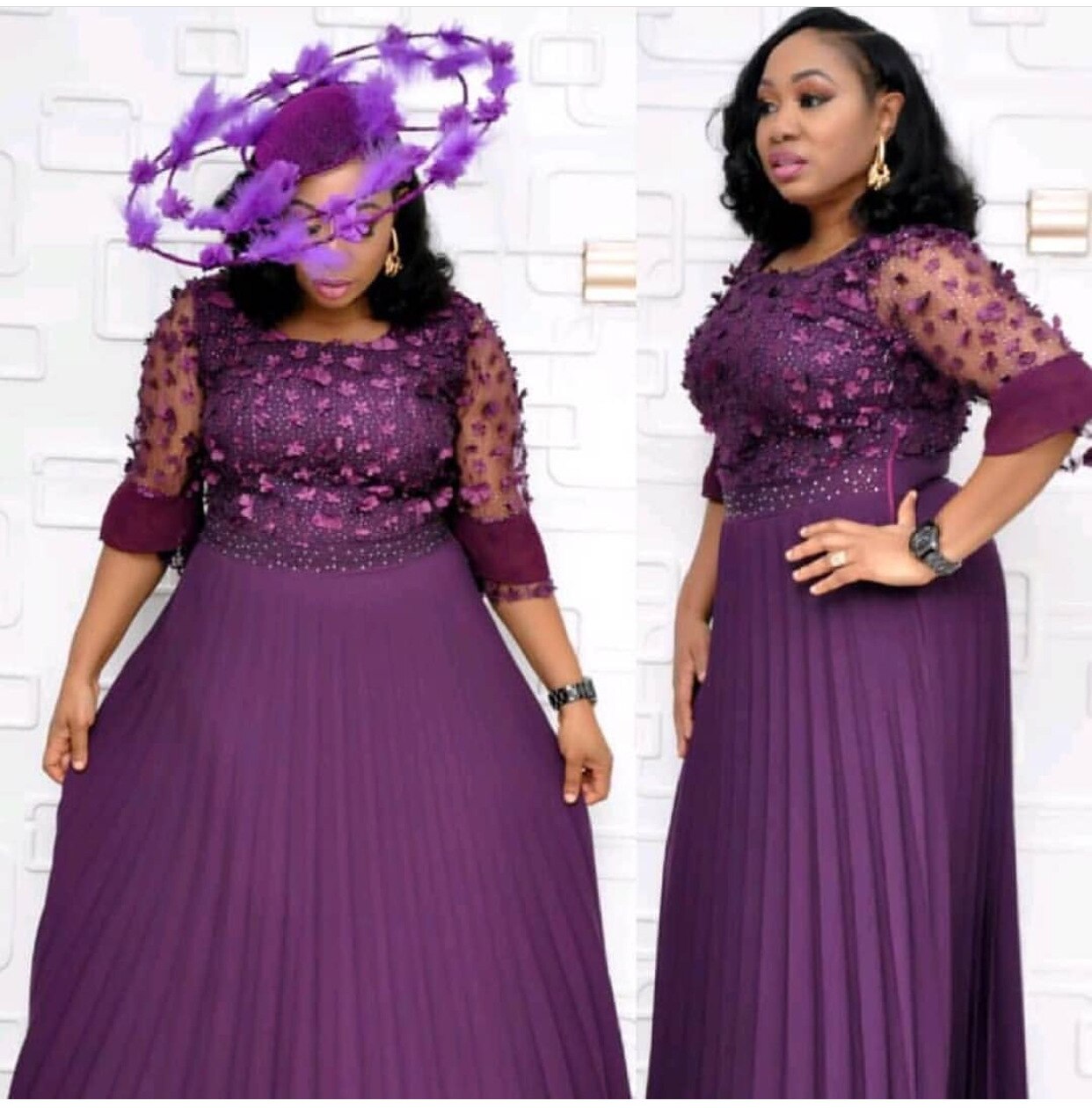 Plus size afrikanske kvinder broderi blonder vintage kjole damer gulvlængde aften fest maxi lang kjole retro: Lilla / L