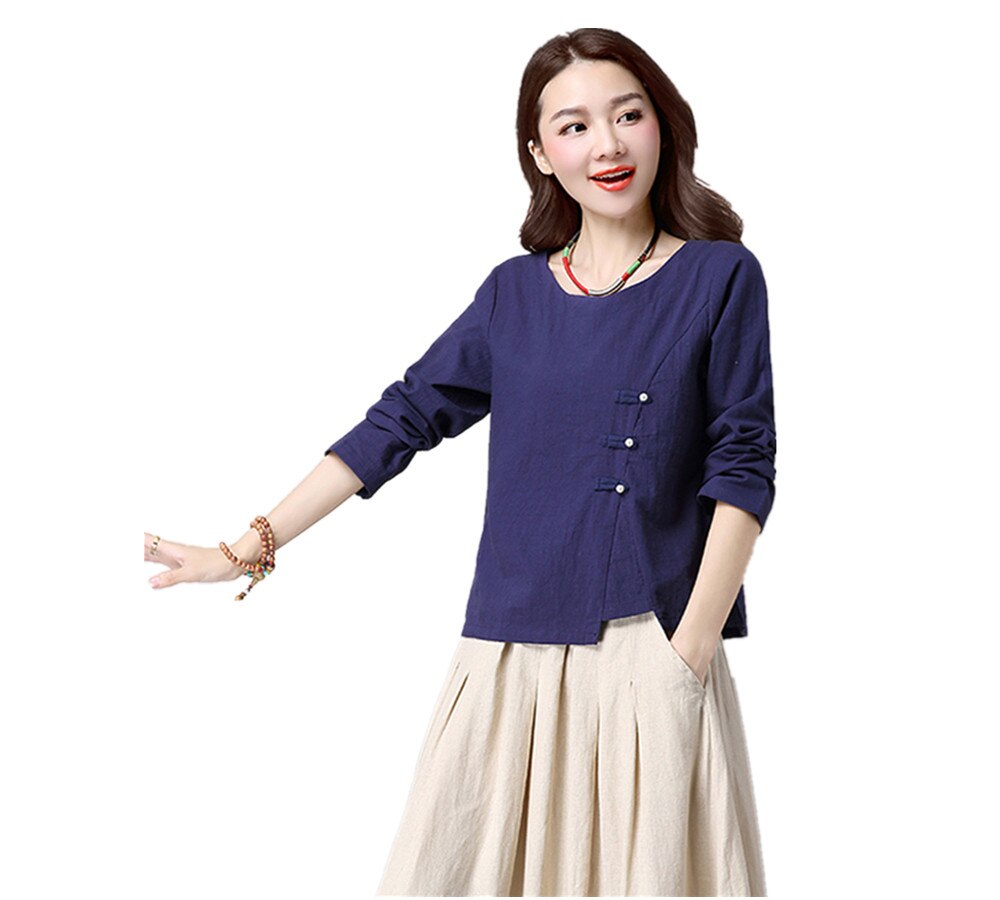 G-lignende forår kinesisk national kvinder tang jakkesæt vind bomuld linned tøj traditionelt tai chi tøj: Marine blå / L