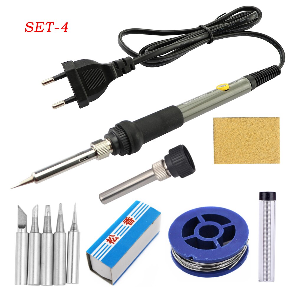 60W Mini Gray Electric Soldering Iron With Adjustable Temperature 220V/110V Soldering Rework Station Soldering Iron Accessories: 220V EU Plug / SET-4