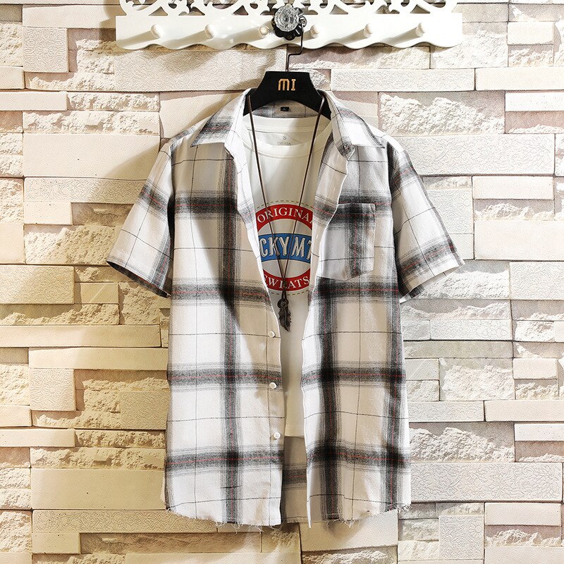 #0103 zomer geruite overhemd heren korte mouw reverskraag wit zwart casual katoenen kantoor overhemd heren retro wit zwart overhemd: Wit / Xl