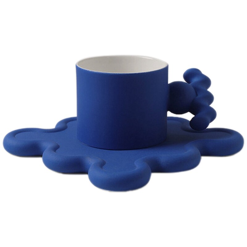 210Ml Ceramic Memphis Medieval Coffee Cup Couple Mug Frosted Ceramic Cup Coaster Box Set: Blue