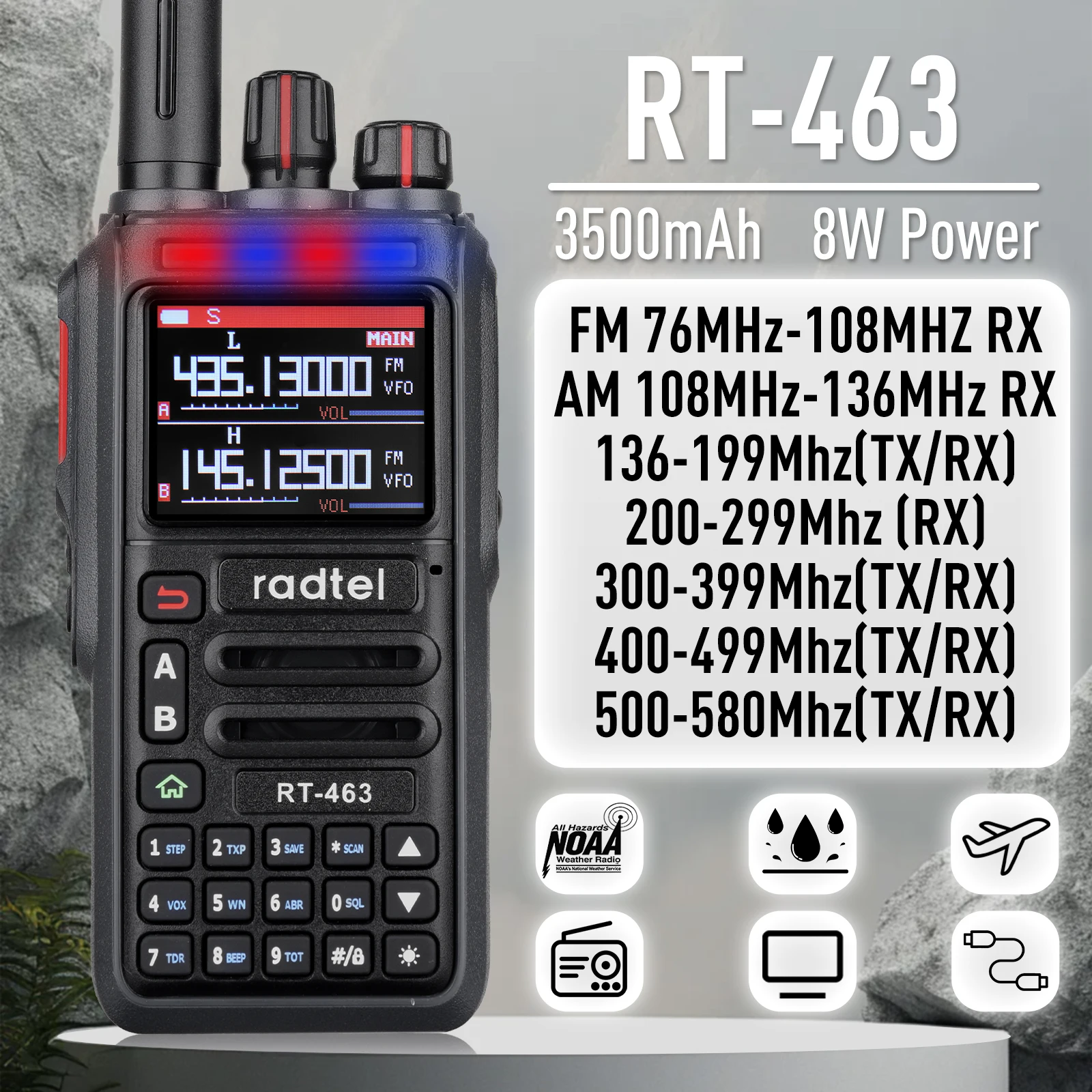 Radtel RT-463 8w Vollband-Amateurfunk 199CH Amateur Walkie Talkie AM Air Aviation Band Satcom NOAA Wetterkanal
