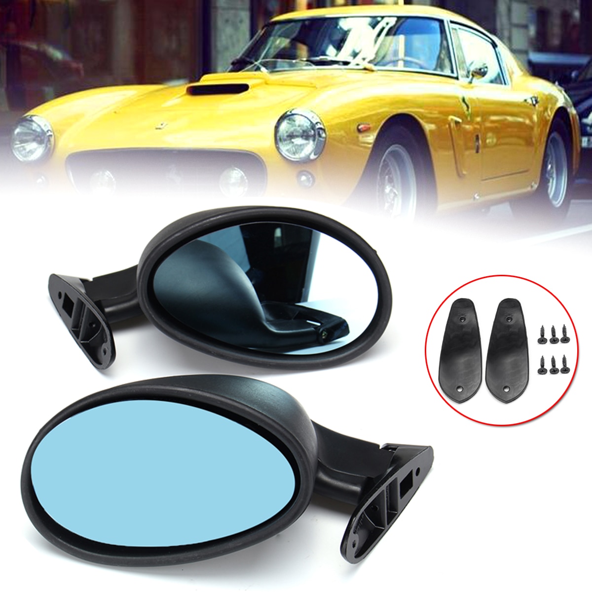 1Pair Universal Car Left/Right Classic Car Door Side Rear View Mirror Blue & Gaskets Vintage Black