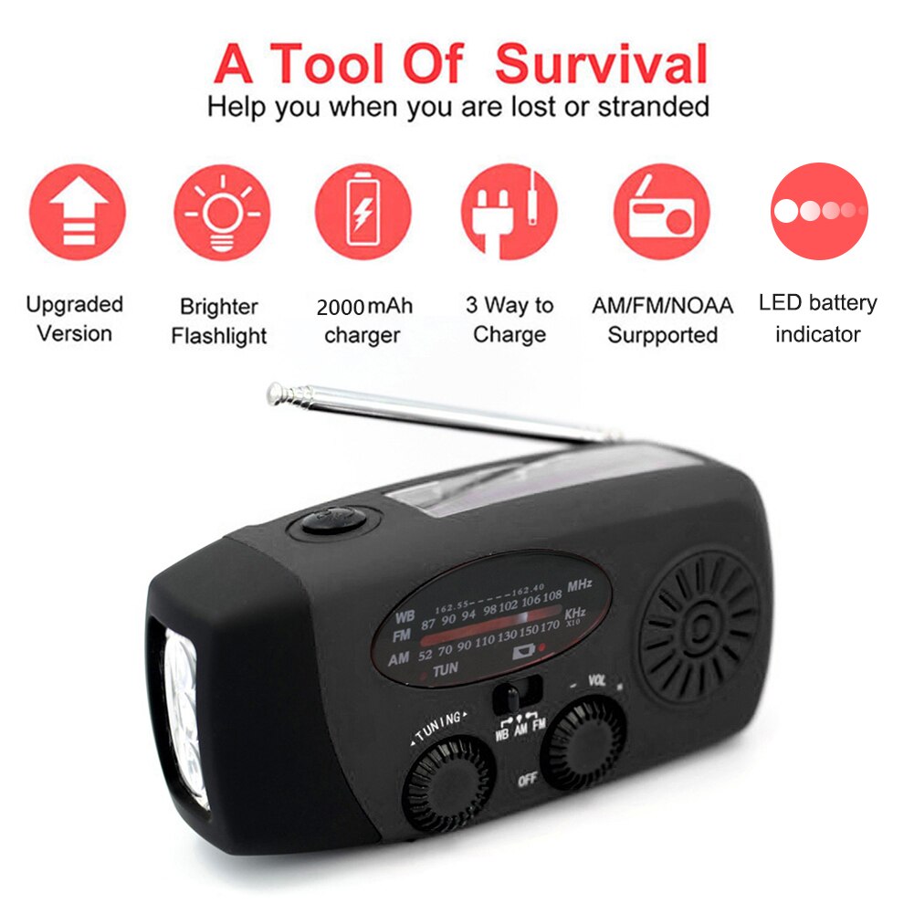 Radio portátil de mano alimentada por dinamo Solar, carga USB, FM, AM, WB, NOAA, multifuncional, meteorológica, con linterna LED, Banco de energía: A Black