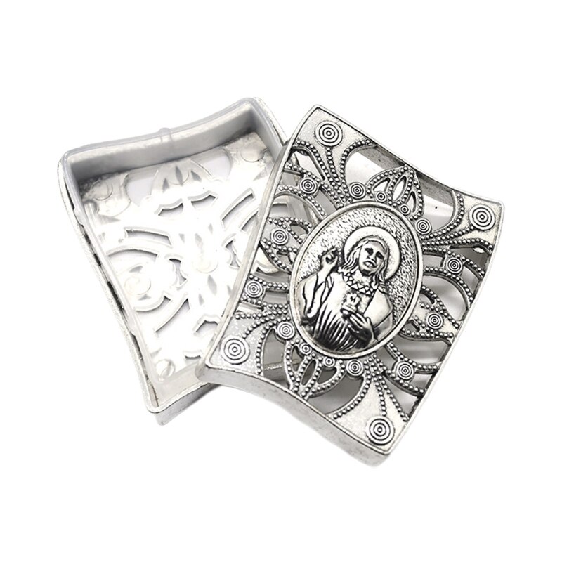 H7EA Rosary Bead Box Necklace Metal Christian Catholic Religious Jewelry Case Vintage Rectangle Box Jewelry Box Antique Engraved: C