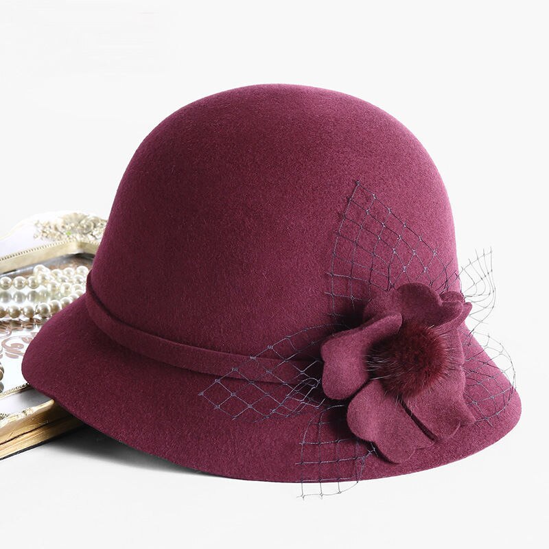 Woman Autumn And Winter Party Formal Woolen Bucket Hat Lady Grace Flower Pure Wool Felt Hats