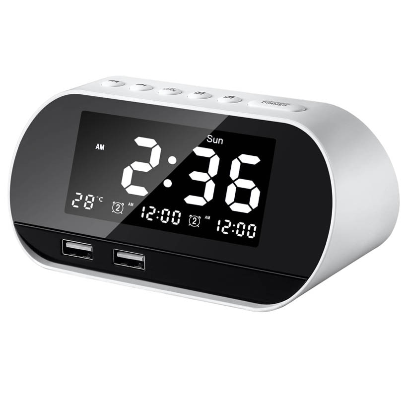 T2 Dual USB Charging Alarm Clock White Smart Wireless Radio LCD Calendar Temperature Display for Bedroom Desktop