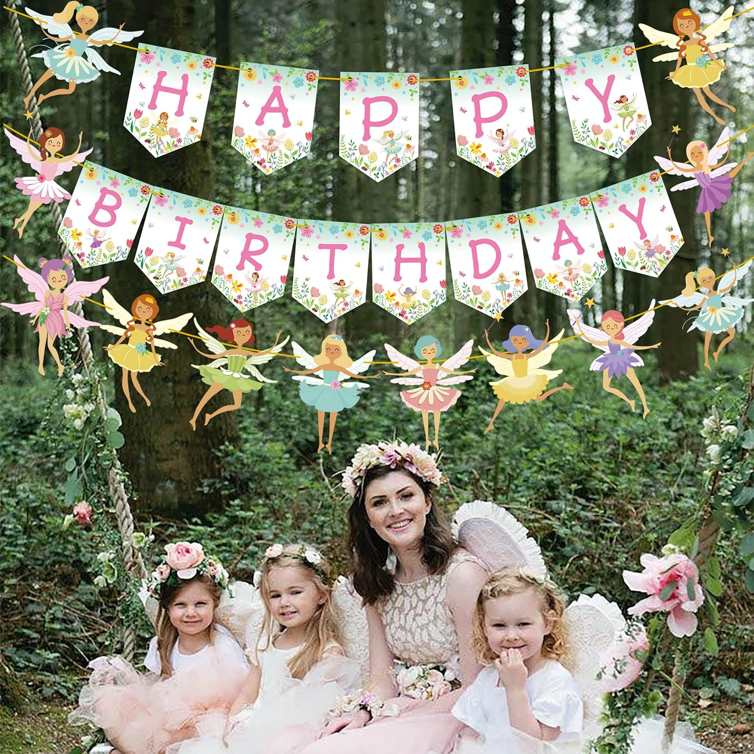 Spring Fairy Birthday Party Decoration Flower Fairies Girls Happy Birthday Hanging Banner Decor for Fairy Theme Birthday Party